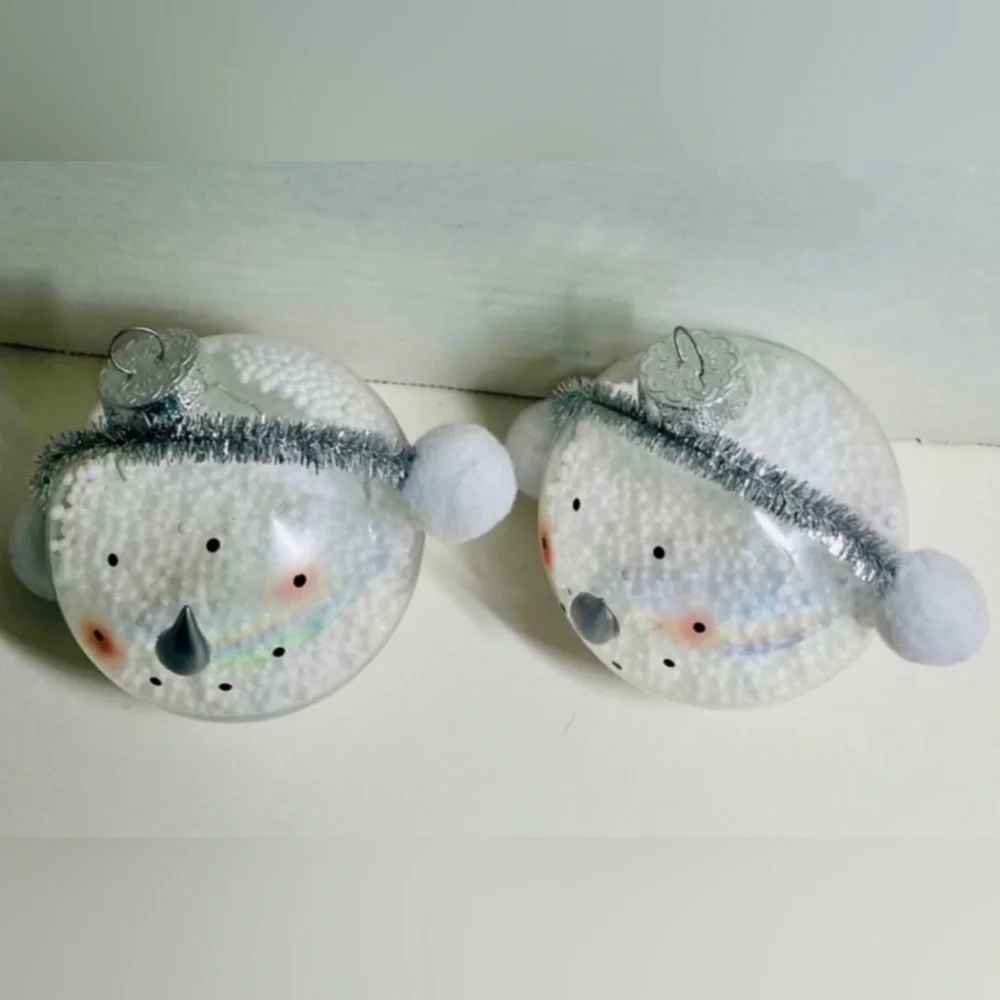 VINTAGE GLASS SNOWMAN’S FACE CHRISTMAS TREE ORNAMENTS (SET OF 2) MINT CONDITION